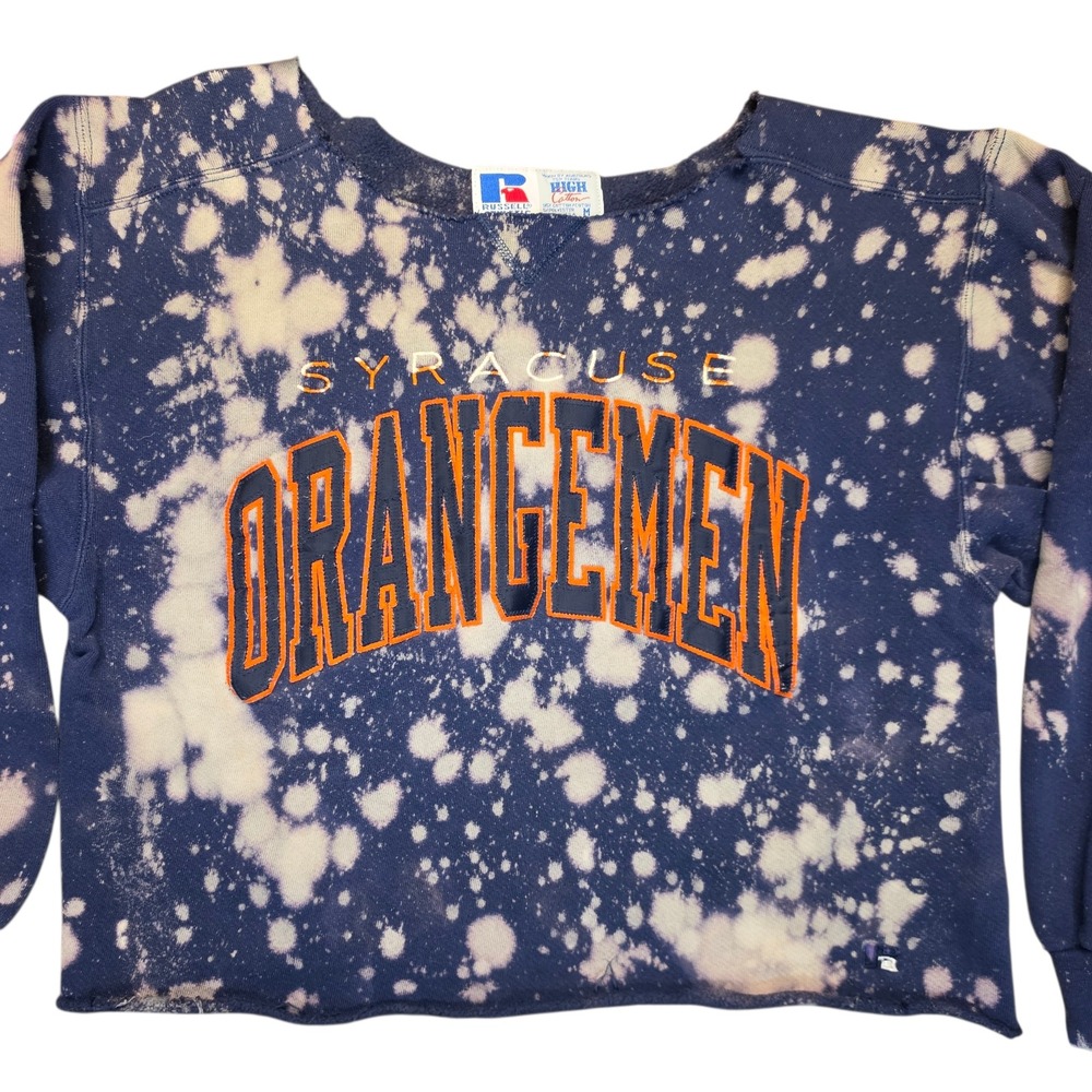 Vtg Russell Athletic Syracuse Orangemen Bleach Dye Cropped Sweatshirt USA M